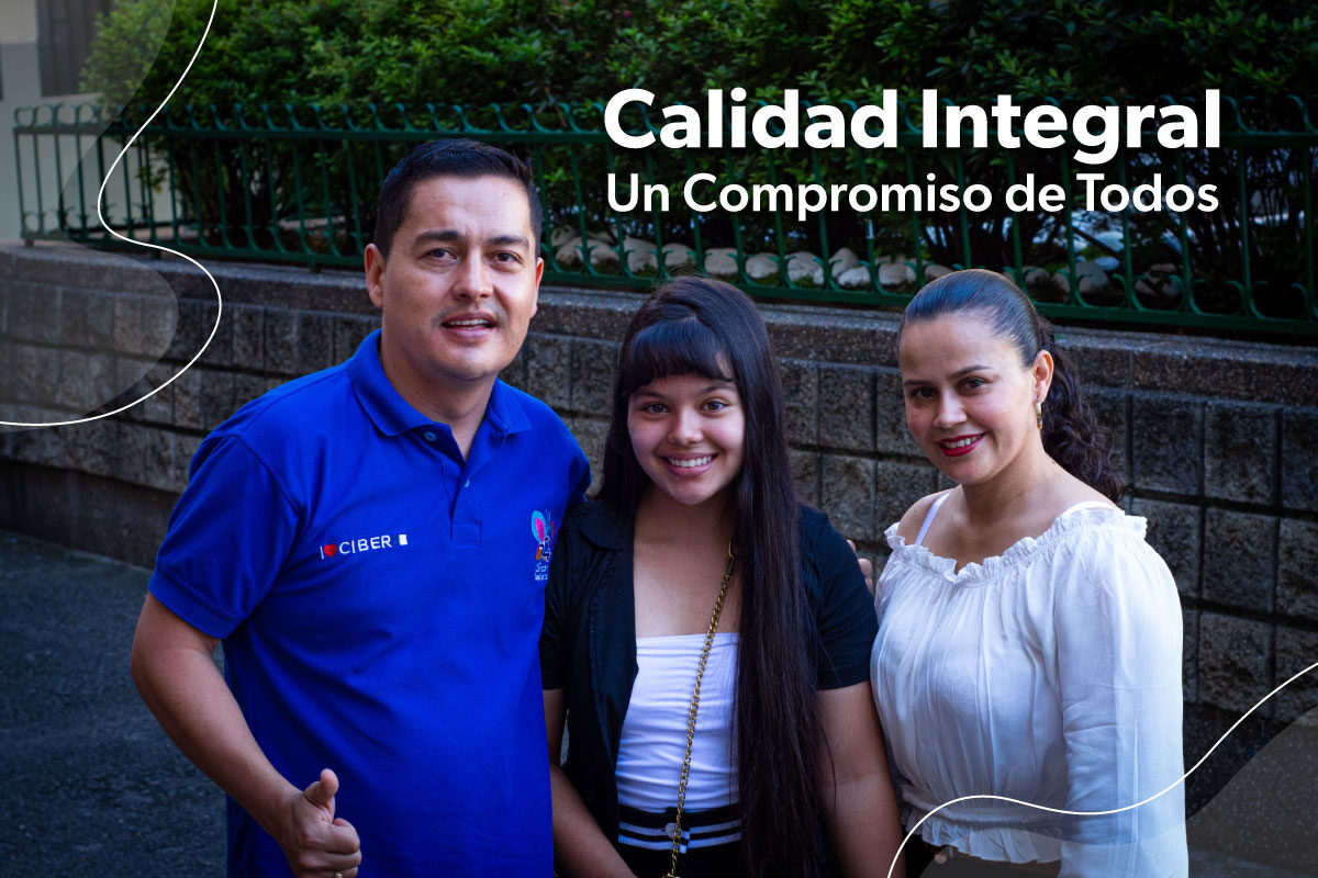 Foto de estudiante, padre de familia y docente, acompañado de la frase 